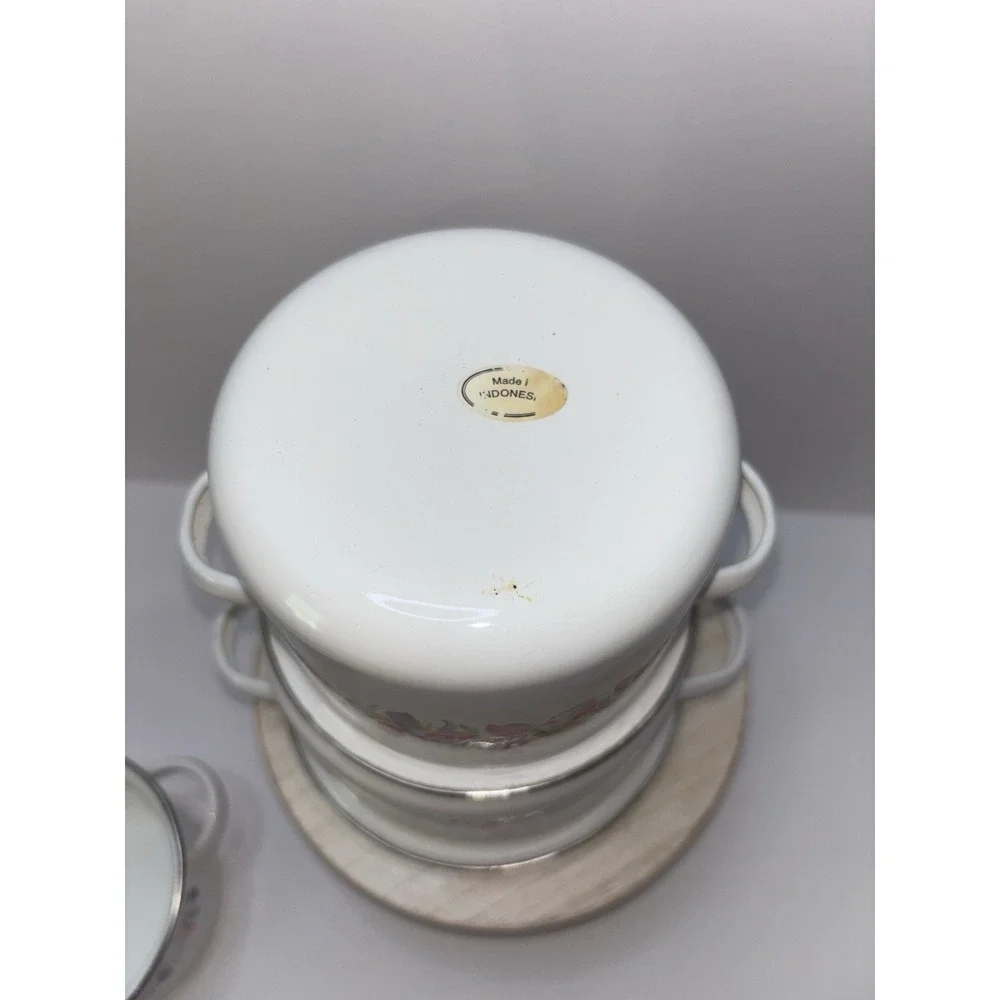 Vintage 1980s Floral Enamel Saucepan Set – 3 Matching Pans NO Lids– Cottage Core